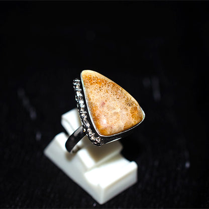 925 Sterling Silver Triangle Fossil Coral Ring