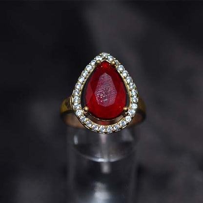 6 Carat Gold Plated Red and White Teardrop Halo Ring