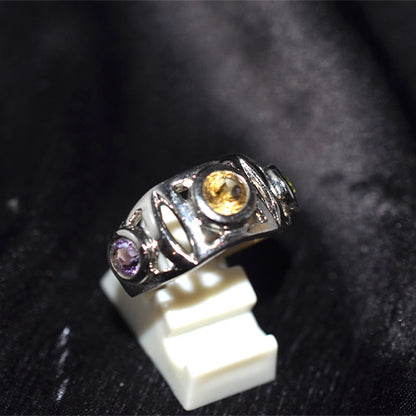 925 Sterling Silver Multi Gemstone Openwork Three Stone Ring