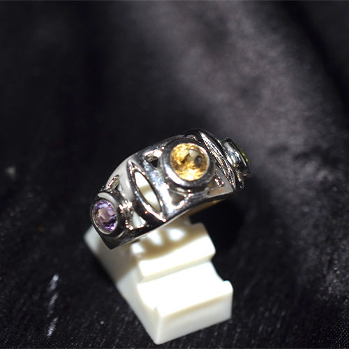 925 Sterling Silver Multi Gemstone Openwork Three Stone Ring