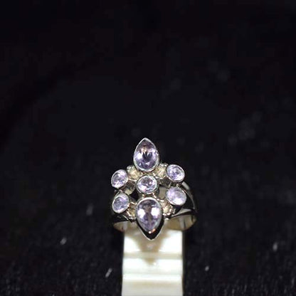 925 Sterling Silver Light Purple Gemstone Starburst Pattern Ring