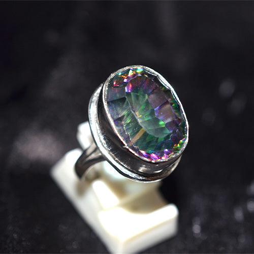 925 Sterling Silver Oval Mystic Topaz Double Bezel Split Shank Ring