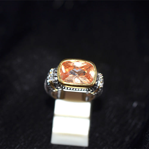 925 Sterling Silver Turkish Champagne Topaz Cushion Ring