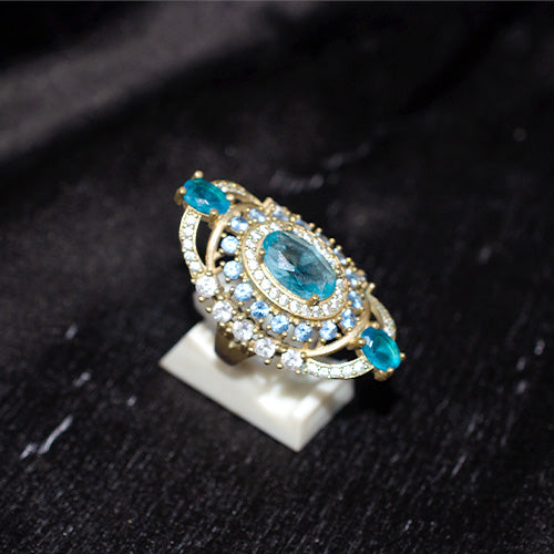 6 Carat Gold Plated Turkish Blue Stone Ornate Cluster Ring