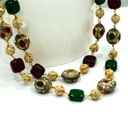 6 Carat Gold Plated Green and Maroon Gemstone Beaded Necklace