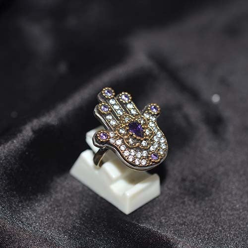 6 Carat Gold Plated Amethyst Hamsa Hand Ring