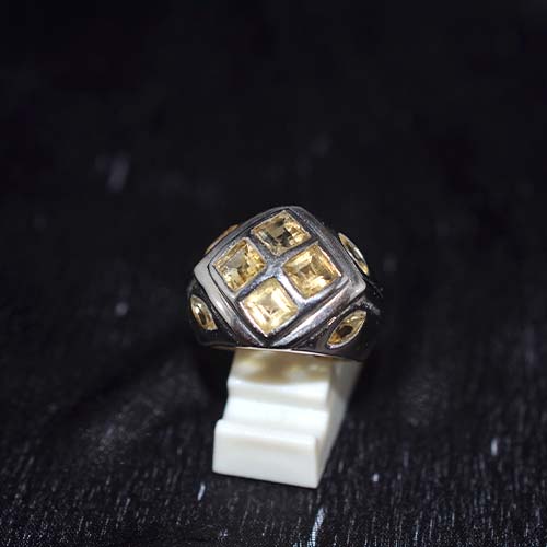 925 Sterling Silver Yellow Citrine Four Square Motif Ring