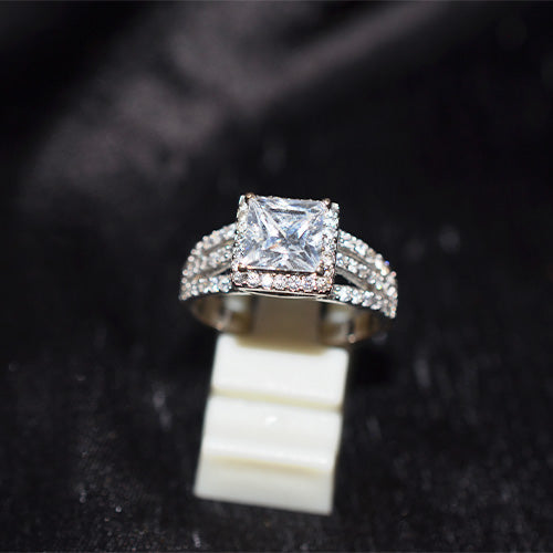 925 Sterling Silver Square Halo Cubic Zirconia Split Shank Ring