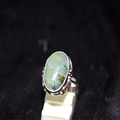 925 Sterling Silver Prehnite with Epidote Oval Ring with Ornate Setting
