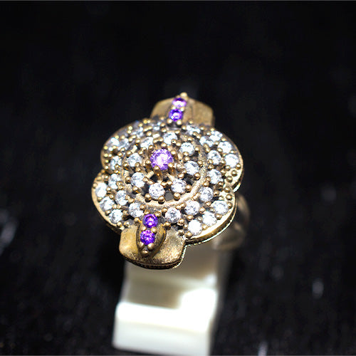 6 Carat Gold Plated Amethyst Floral Cluster Split Shank Ring