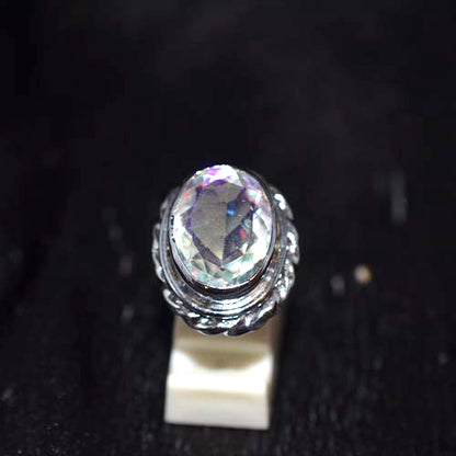 925 Sterling Silver Oval Clear Quartz Ornate Setting Ring