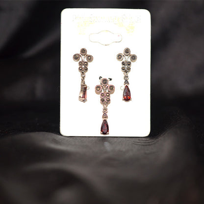 925 Sterling Silver Asymmetrical Marcasite Garnet Floral Pendant and Earring Set