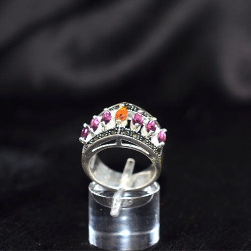 925 Sterling Silver Turkish Multigem Crown Motif Ring