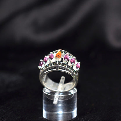 925 Sterling Silver Turkish Multigem Crown Motif Ring