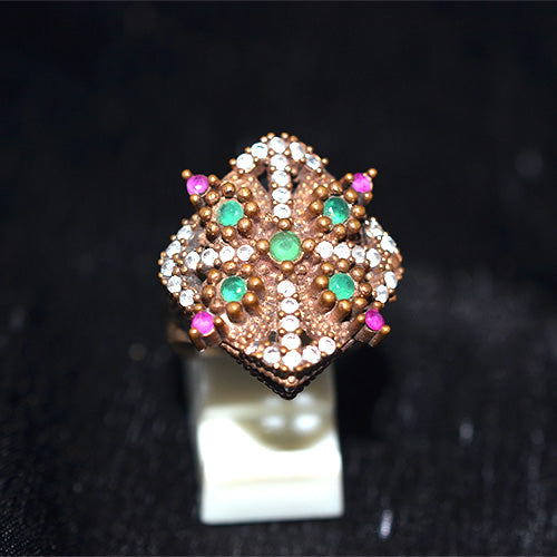 6 Carat Gold Plated Multi-Gemstone Lattice Cluster Ring