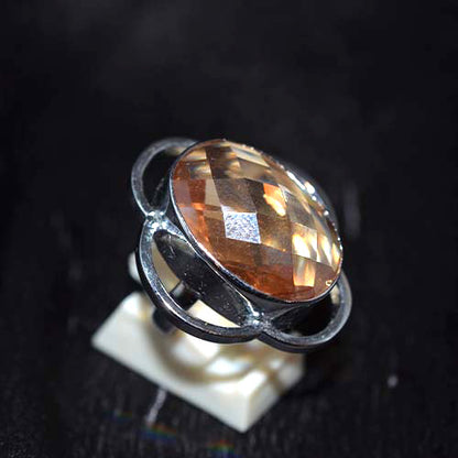 925 Sterling Silver Round Champagne Quartz Flower Ring