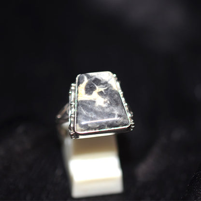 925 Sterling Silver Rectangle White Jasper Ring with Ornate Band