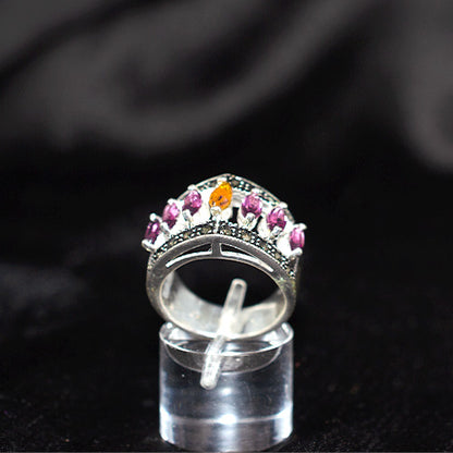 925 Sterling Silver Turkish Multigem Crown Motif Ring