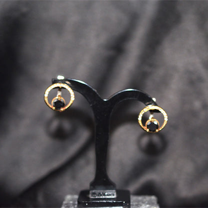 6 Carat Gold Plated Black Gemstone Circle Drop Stud Earrings
