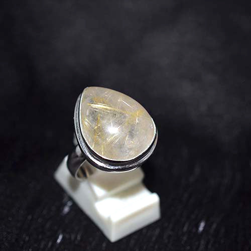 925 Sterling Silver Golden Rutilated Quartz Teardrop Double Bezel Ring