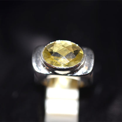 925 Sterling Silver Oval Lemon Quartz Stepped Band Ring