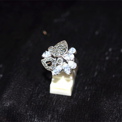 925 Sterling Silver Turkish Marcasite and Crystal Cluster Ring
