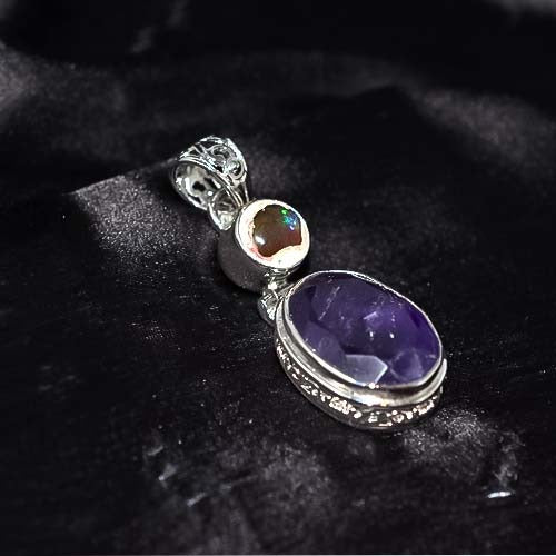 925 Sterling Silver Amethyst and Ethiopian Opal Pendant