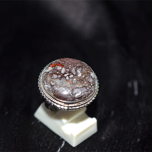 925 Sterling Silver Round Snowflake Jasper Ring with Beaded Setting