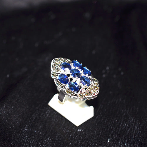 925 Sterling Silver Turkish Blue Gemstone and Marcasite Cluster Ring