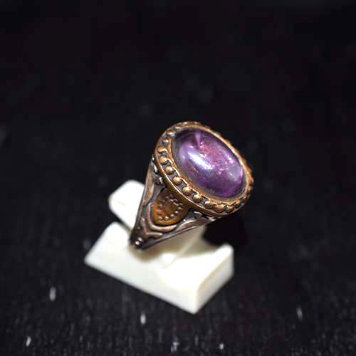 925 Sterling Silver Two-Tone Purple Gemstone Cabochon Ring with Beaded Setting
