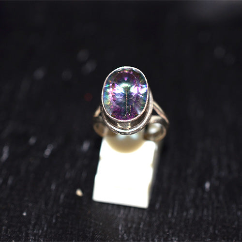 925 Sterling Silver Oval Mystic Topaz Tiered Bezel Split Shank Ring