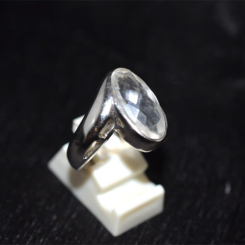 925 Sterling Silver Oval Faceted Clear Quartz Wide Bezel Ring