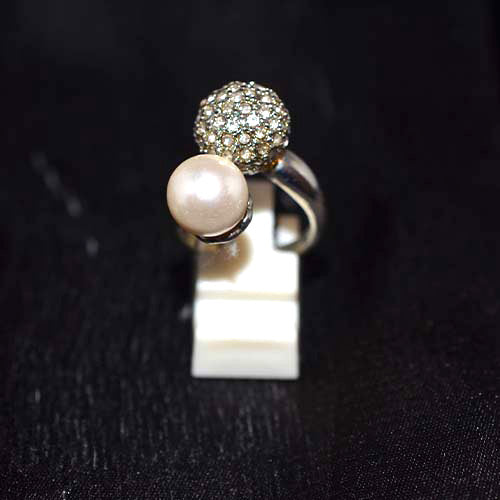 925 Sterling Silver Pearl and Pave Sphere Open Ring