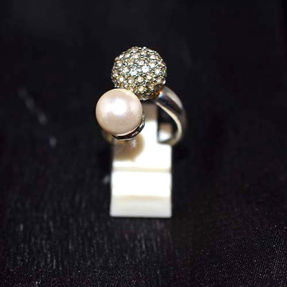 925 Sterling Silver Pearl and Pave Sphere Open Ring