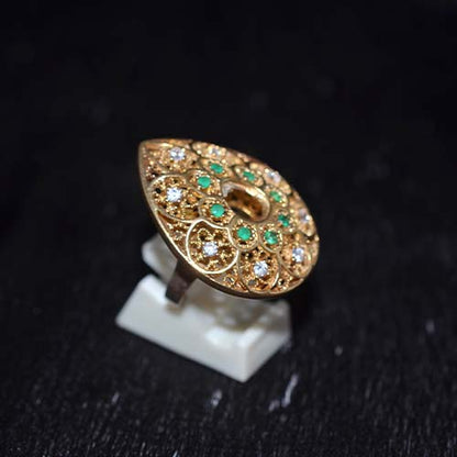6 Carat Gold Plated Emerald and Crystal Filigree Teardrop Ring