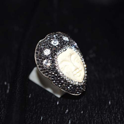925 Sterling Silver Carved Face and Crystal Pave Statement Ring