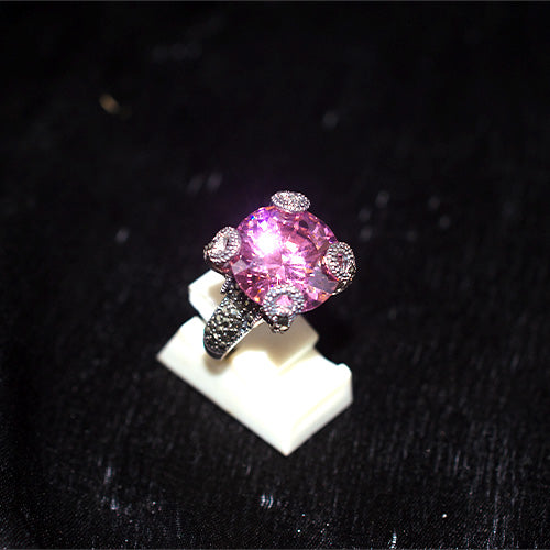 925 Sterling Silver Turkish Cushion-Cut Pink Crystal and Marcasite Ring