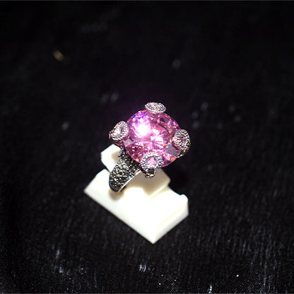 925 Sterling Silver Turkish Cushion-Cut Pink Crystal and Marcasite Ring