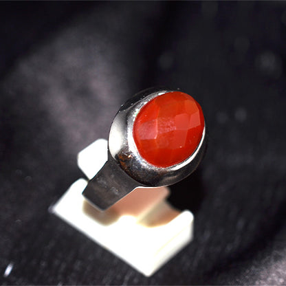 925 Sterling Silver Round Faceted Carnelian Signet Ring