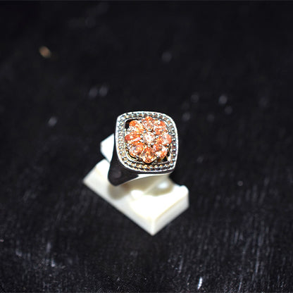 925 Sterling Silver Turkish Peach Crystal Floral Cluster Ring