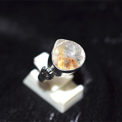 925 Sterling Silver Rutilated Quartz Ring with Ornate Band