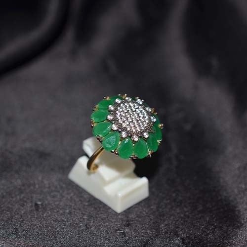 6 Carat Gold Plated Green Onyx Petal Cluster Ring