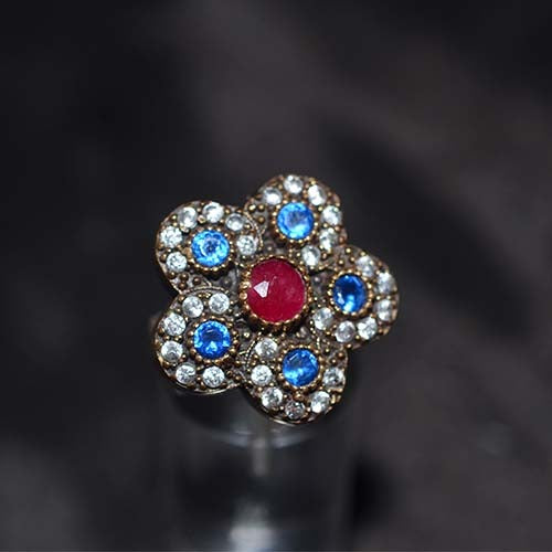 6 Carat Gold Plated Blue and Red Floral Cluster Ring
