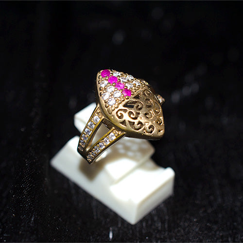 6 Carat Gold Plated Turkish Pink Ruby Filigree Shield Ring