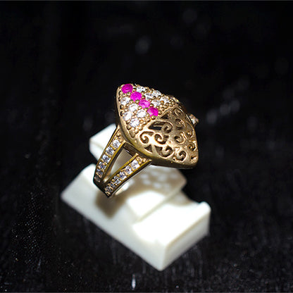 6 Carat Gold Plated Turkish Pink Ruby Filigree Shield Ring