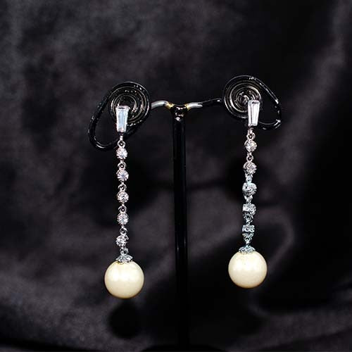 925 Sterling Silver White Pearl and Crystal Long Drop Earrings