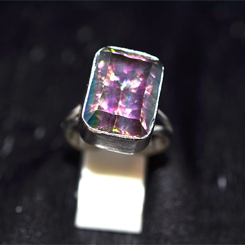 925 Sterling Silver Emerald Cut Mystic Topaz Triple Shank Ring