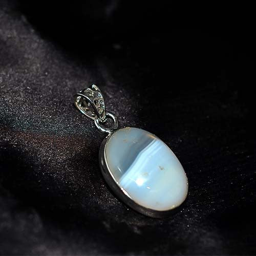 925 Sterling Silver Vintage Blue Lace Agate Oval Pendant