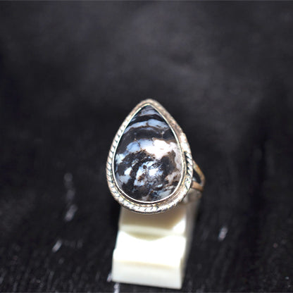 925 Sterling Silver Teardrop Dendritic Agate Ring with Rope Bezel
