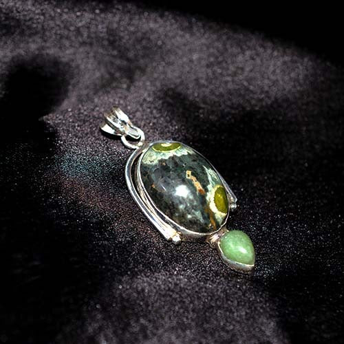 925 Sterling Silver Orbicular Jasper and Aventurine Double-Stone Pendant